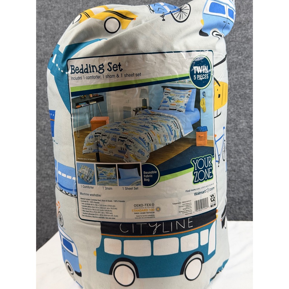 NEW Your Zone Cityline Twin Bedding Set 5 Piece Comforter Sheets Airplane Car